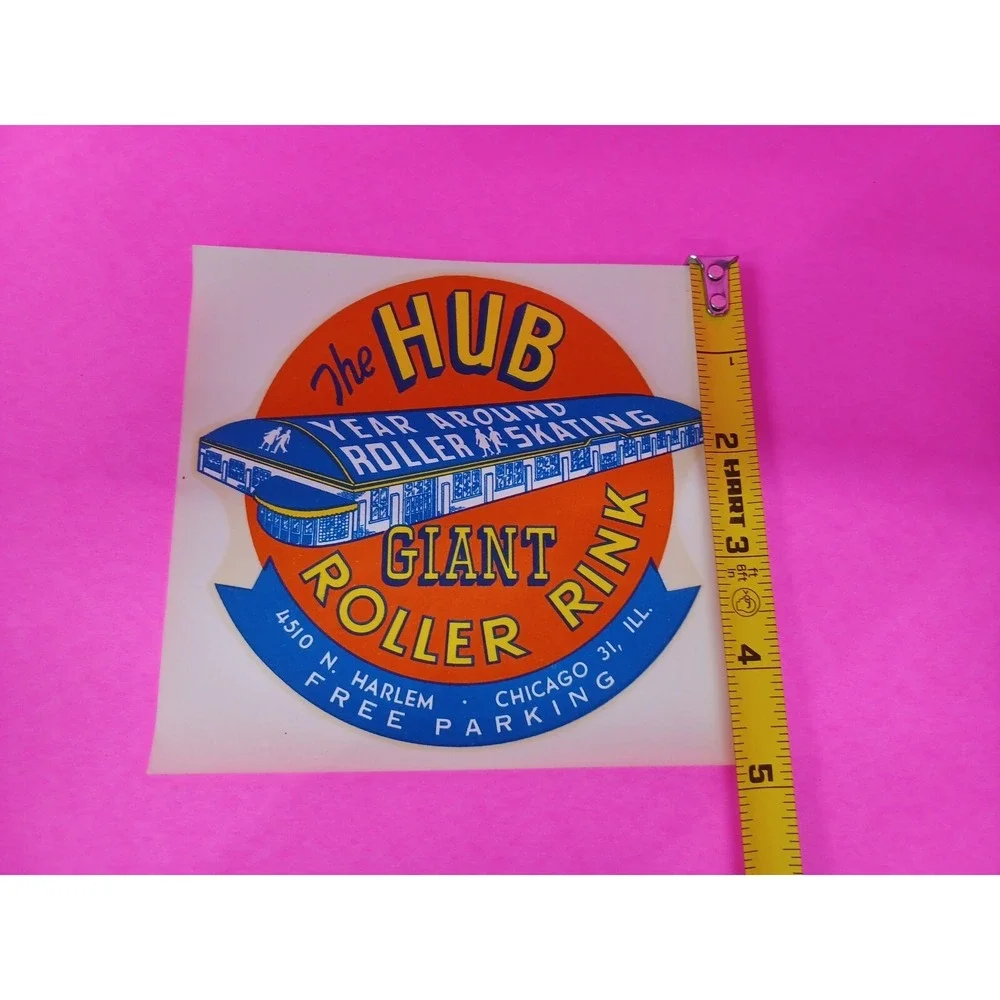 Original 1940's THE HUB ROLLER RINK CHICAGO Skating Water Dip Decal STICKER